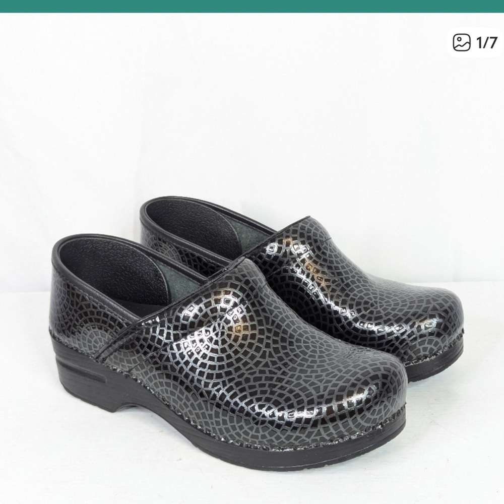 Dansko Grey Black Patent Tooled Geometric Mosaic Leather Professional Clogs
